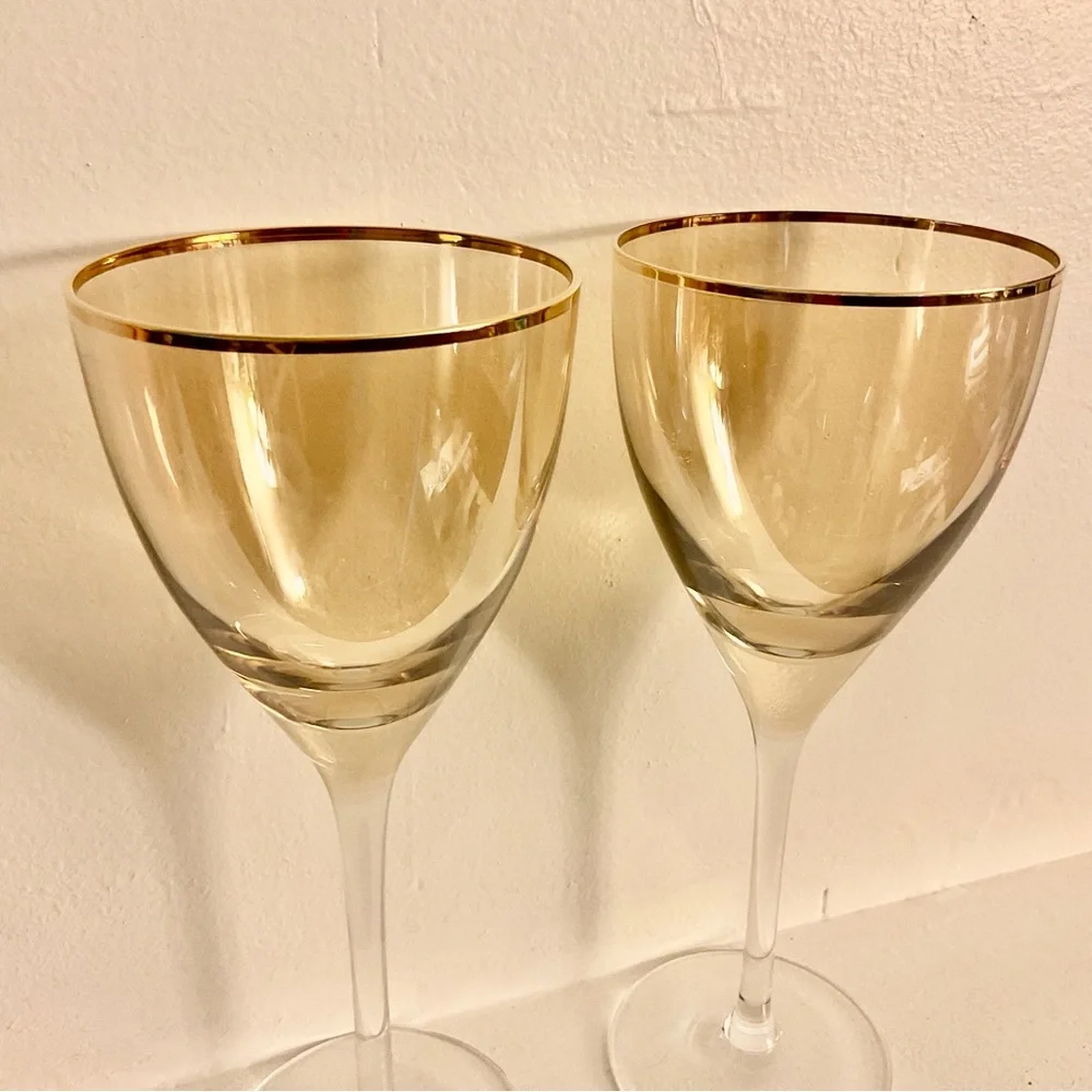 Anthropologie Gold Rim Iridescent Amber Wine Glasses 9.25” Set of 2 - Picture 3 of 6